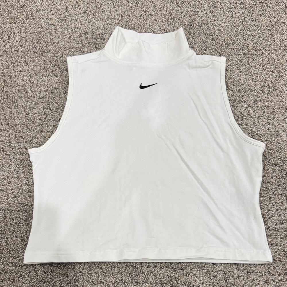 Nike White Sleeveless Mock Neck Crop Tank with Black Swoosh